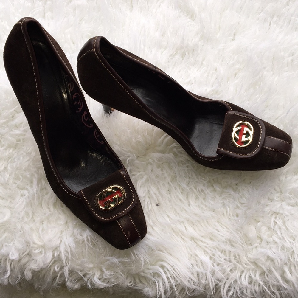 Authentic Gucci Brown Suede Britt Pumps